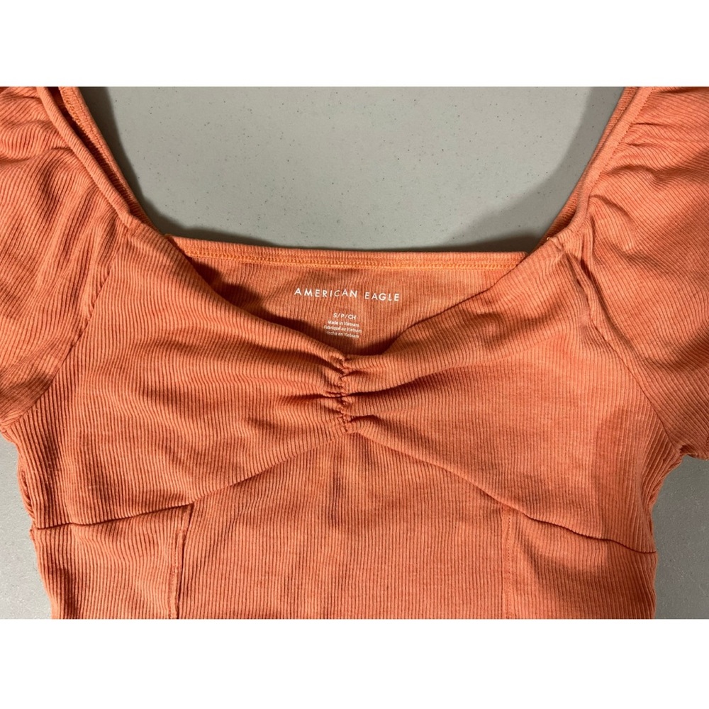 American Eagle Orange Solid Flounce Sleeve Crop T… - image 3